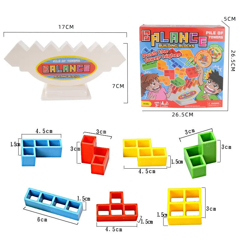 Plastic balance stacking board game with coloured building blocks on chassis for kids and adults