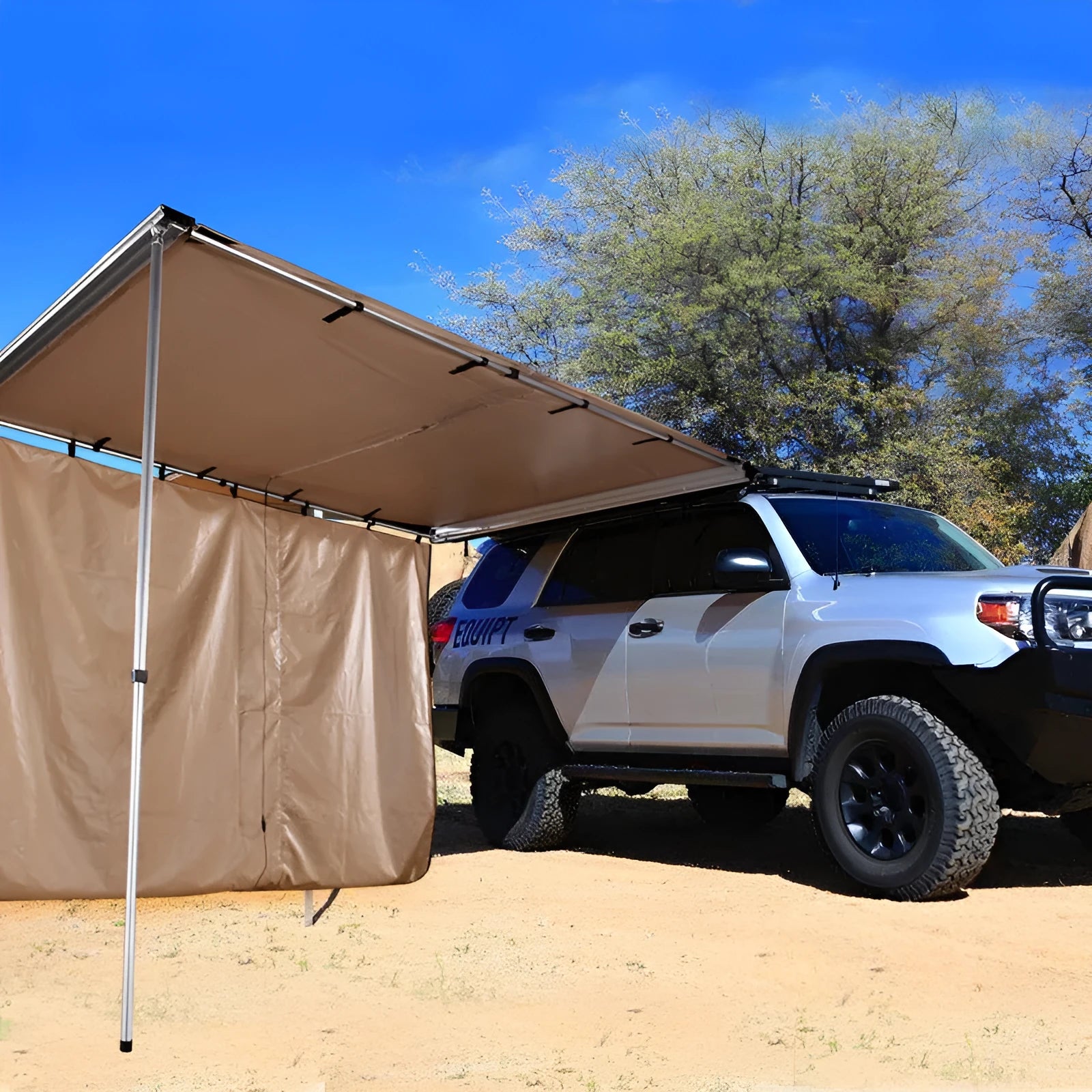 Camping tent with aluminium alloy frame and Oxford cloth base setup as car sunshade