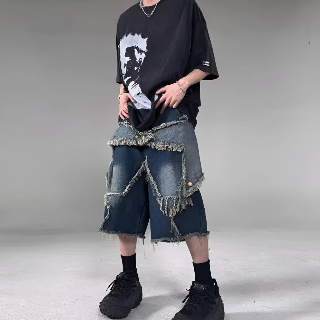 Blue retro-style men's denim shorts with a frayed five-pointed star design and a loose fit.