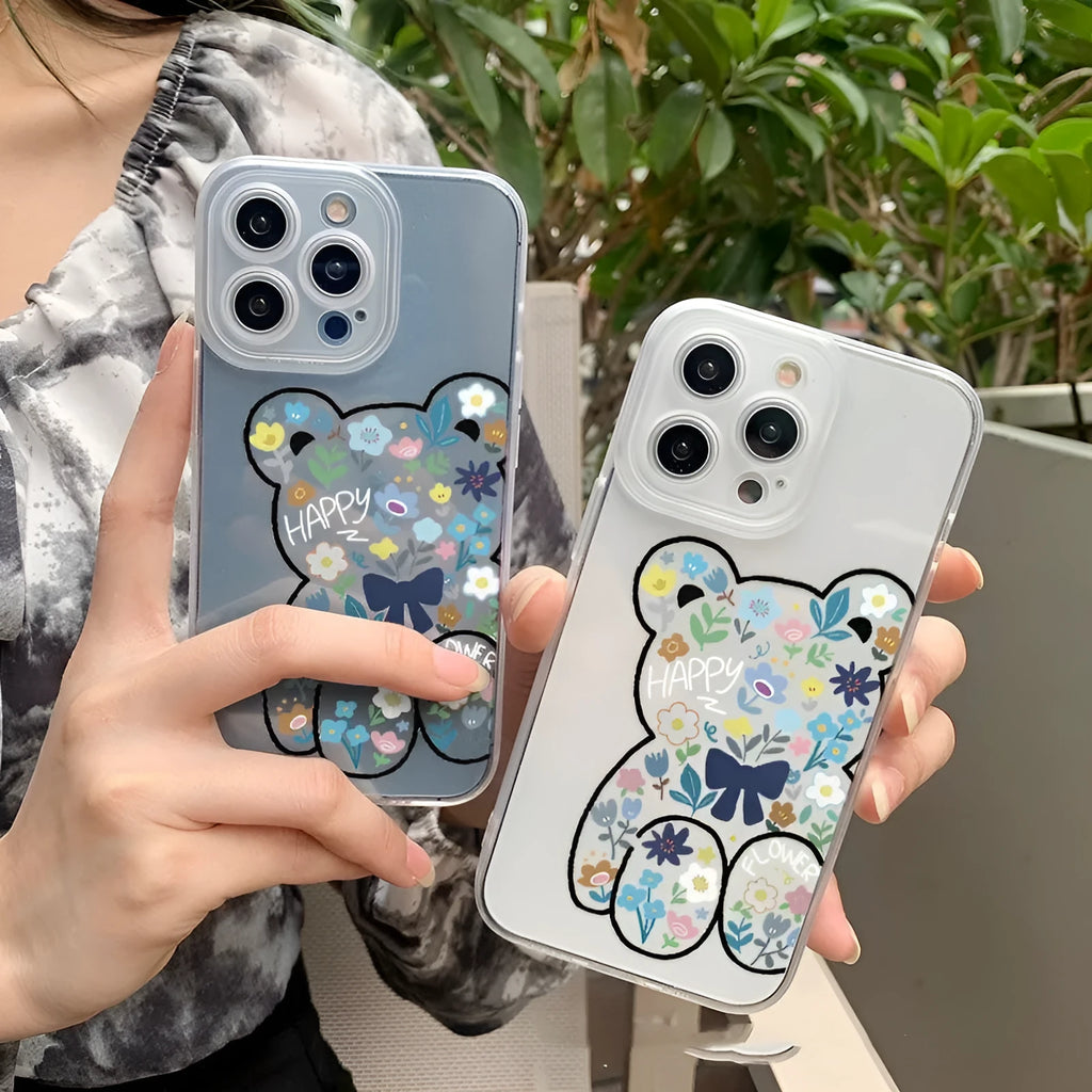 Bear flower TPU phone case for iPhone, back cover with playful bear pattern