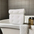 White bath pillow with suction cups on 3D mesh material for bathtub use