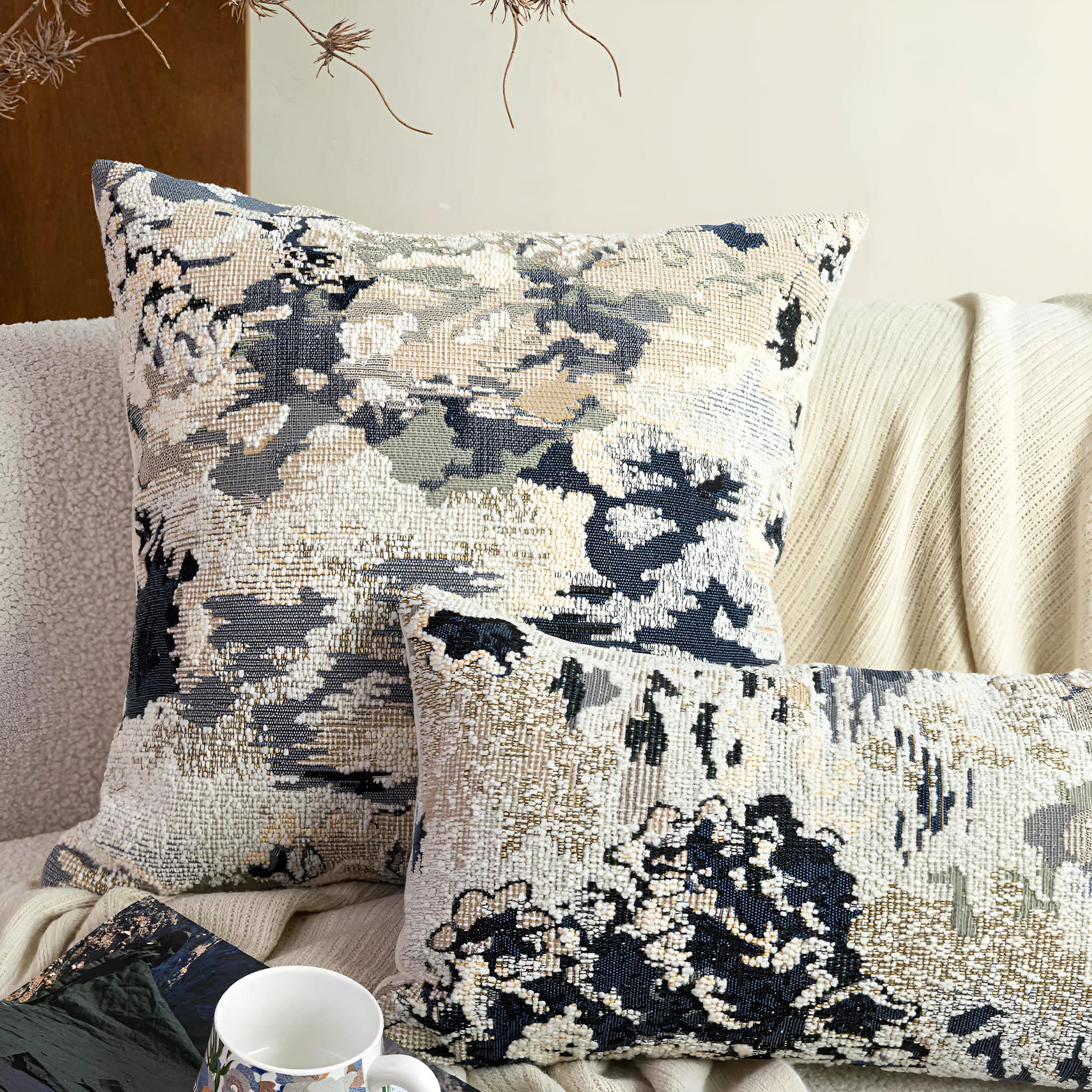 Chinese style decorative pillow cover with blue antique French floral pattern on wool blend fabric.