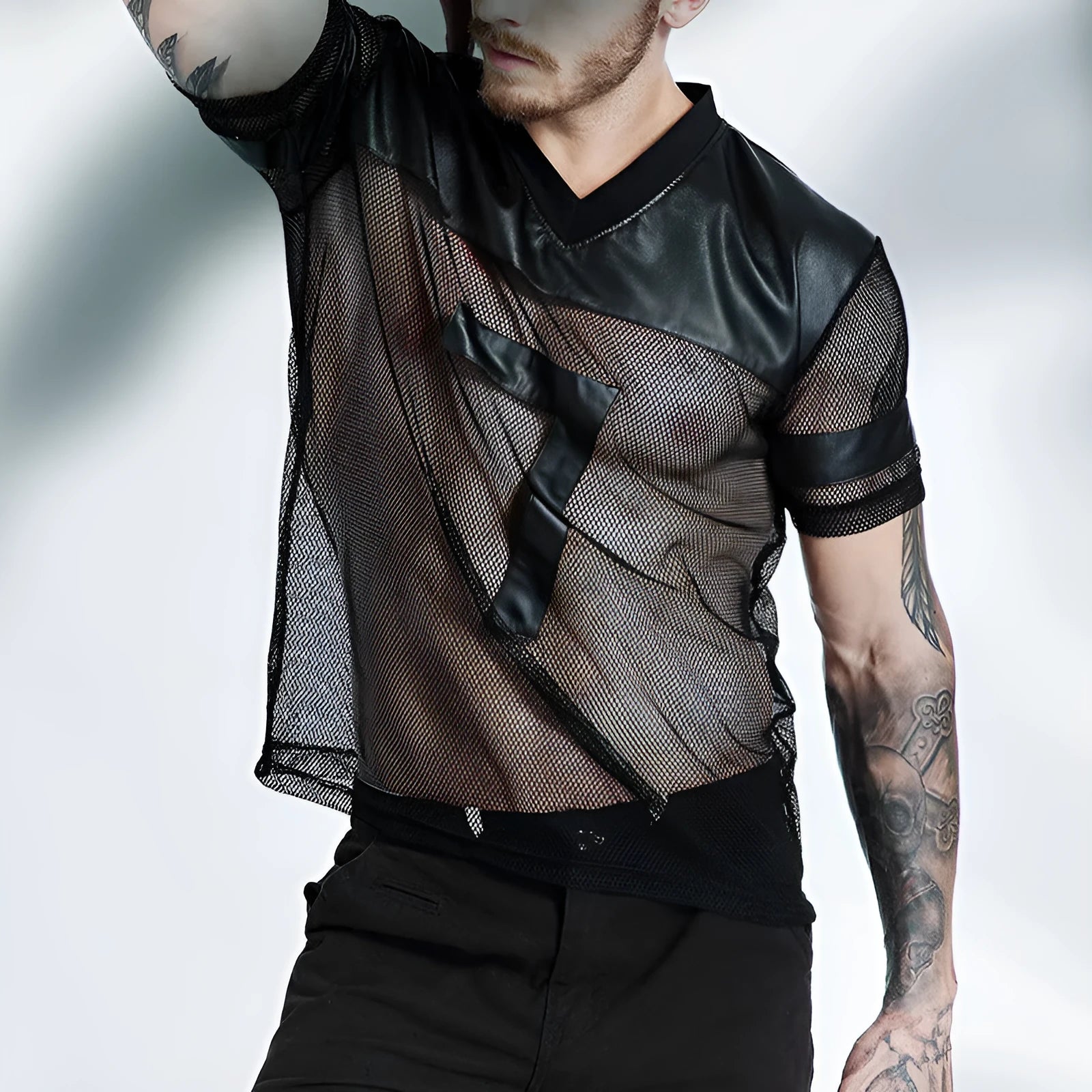 Men's black mesh V-neck sports t-shirt showing stitching construction detail
