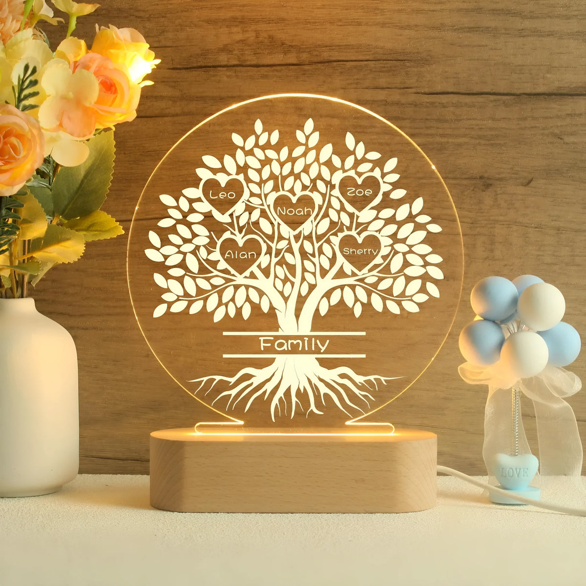 USB night light with UV printed family tree design and colour options