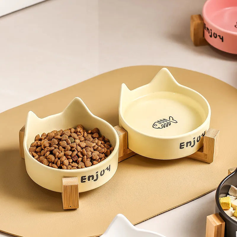 Porcelain cat food and water bowl set with wooden anti-tumble frame in various colours