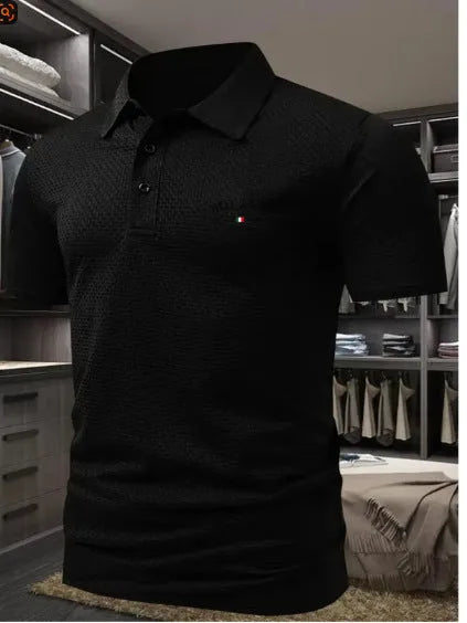 Men's loose fit lapel collar polo shirt in pinhole cloth fabric, shown in a available colour.