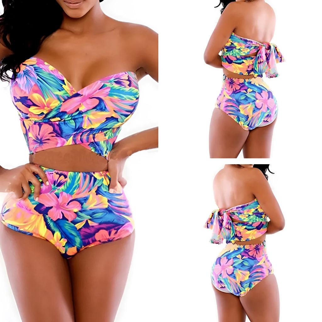 Red women's two-piece swimsuit with colourful printed pattern and chest wrap style