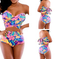 Red women's two-piece swimsuit with colourful printed pattern and chest wrap style