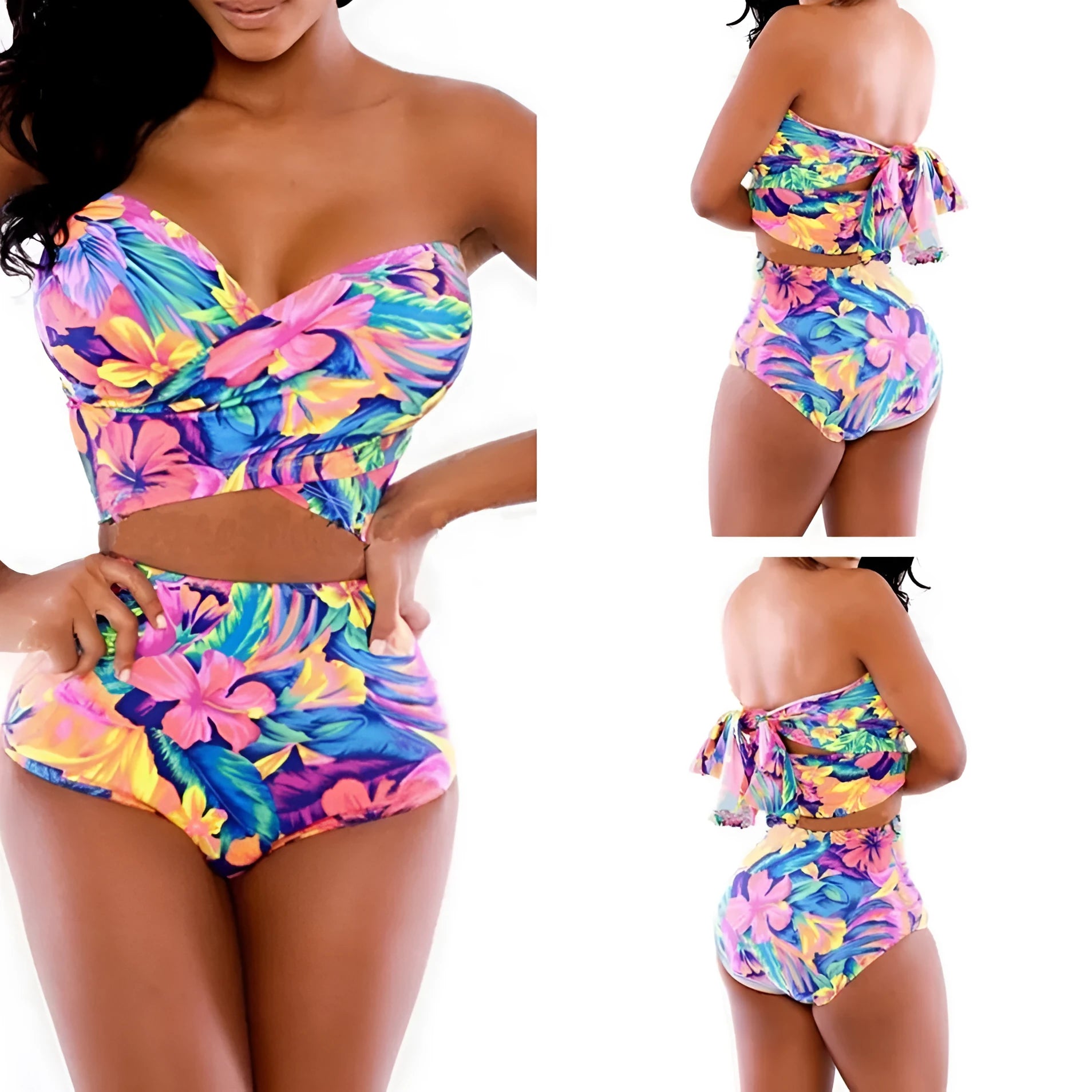 Red women's two-piece swimsuit with colourful printed pattern and chest wrap style