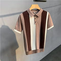 Men's short sleeve vintage stripe shirt with front zipper, khaki colour, Mercerized cotton and rabbit fur blend