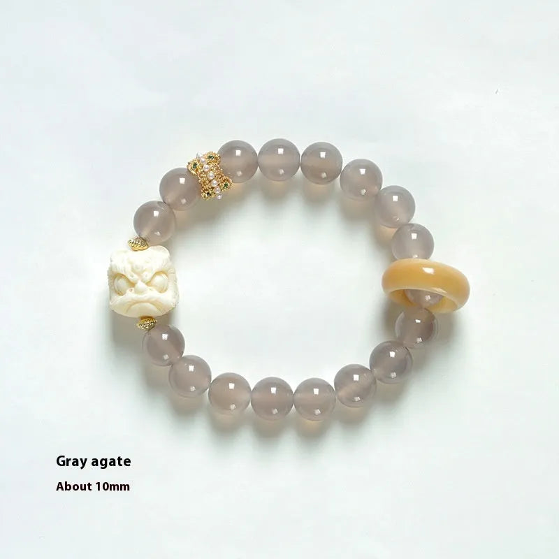 Guochao traditional Chinese bracelet with grey agate 10mm round beads in hand-woven construction