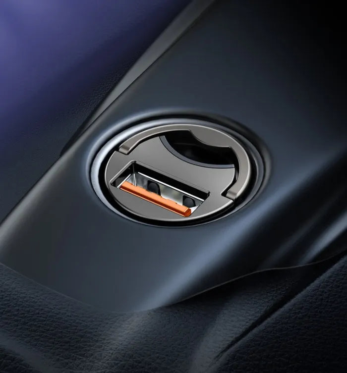 Baseus electro-optical grey 30W PPS fast car charger with 1 metre USB cable.