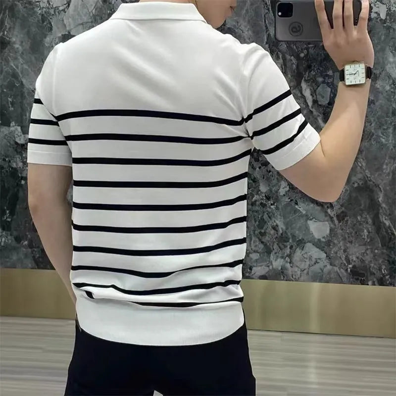 Striped V-neck knitted T-shirt in black or white with chemical fibre blend fabric