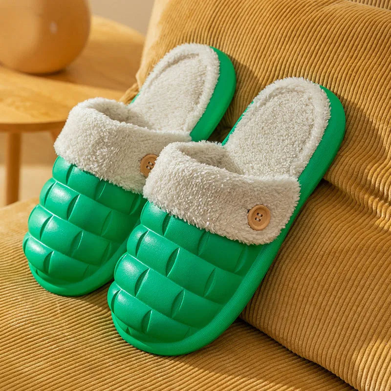 A pair of pink detachable EVA slippers with plush lining and a textured sole.