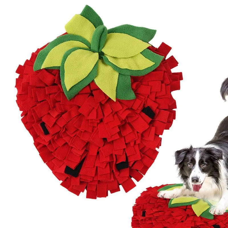 Red and green strawberry shaped pet slow feeder mat for dogs and cats on floor
