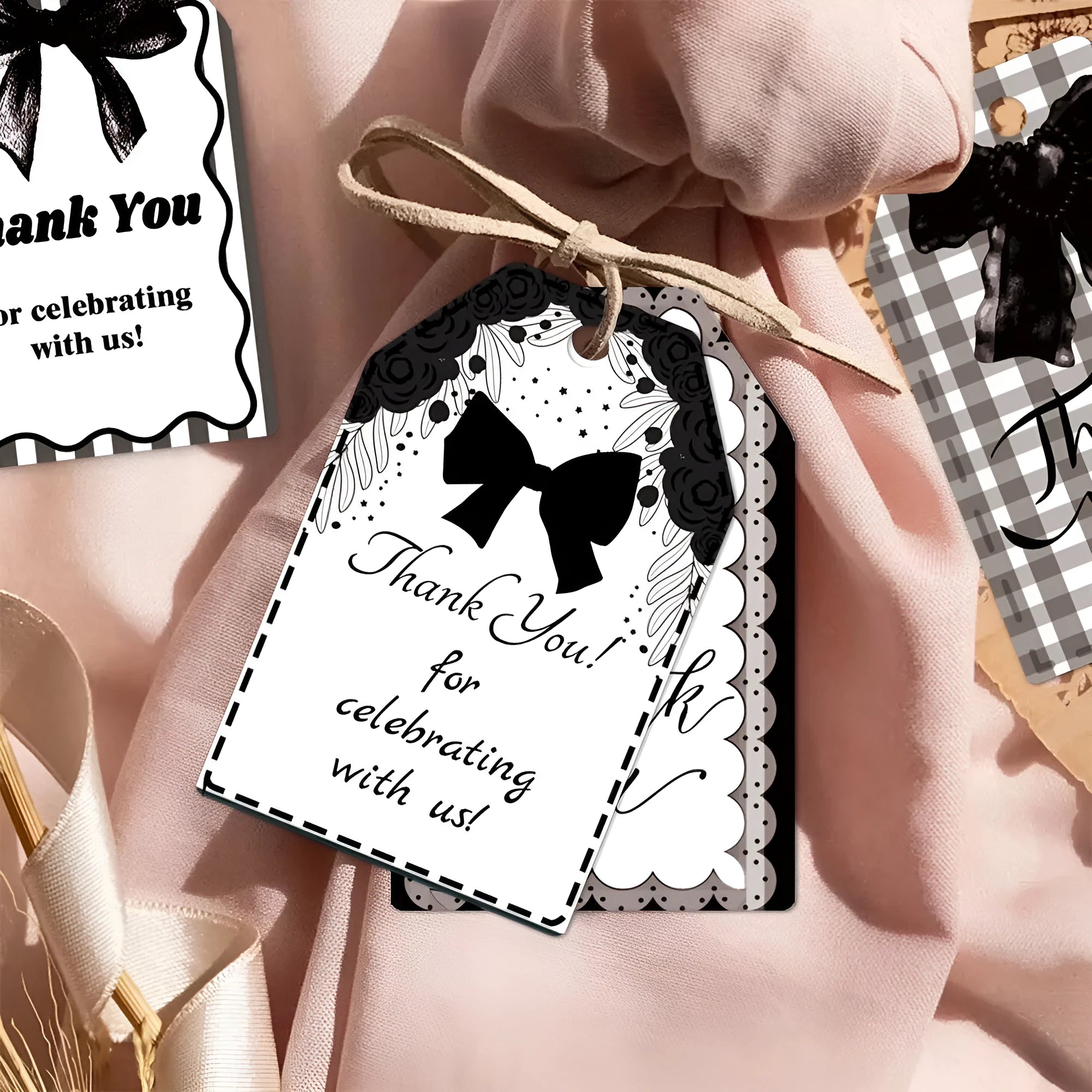 Birthday party creative bowknot gift label tags with hemp rope ties in three decorative styles