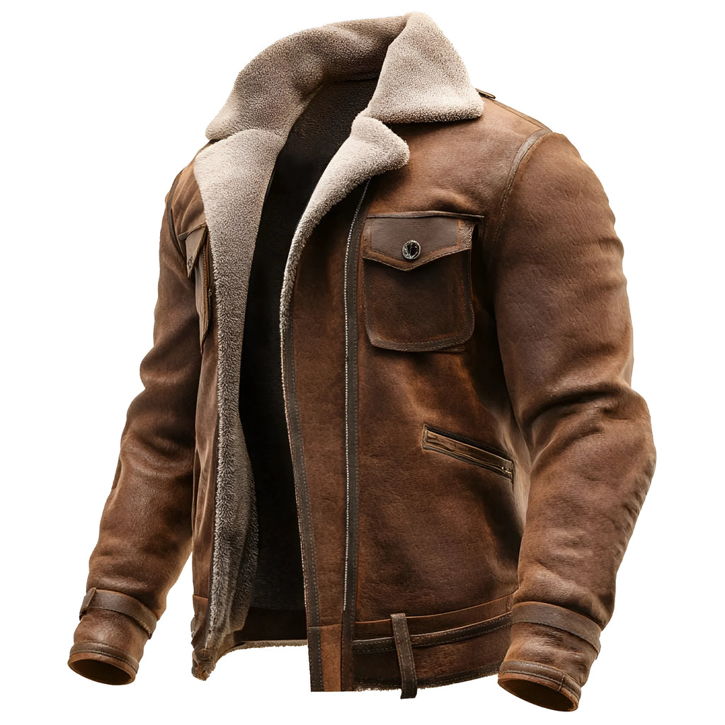 Men's retro brown suede casual jacket with PU leather, flap pockets, loose fit, mid-length, long sleeves, round hem, no hood