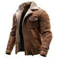 Men's retro brown suede casual jacket with PU leather, flap pockets, loose fit, mid-length, long sleeves, round hem, no hood