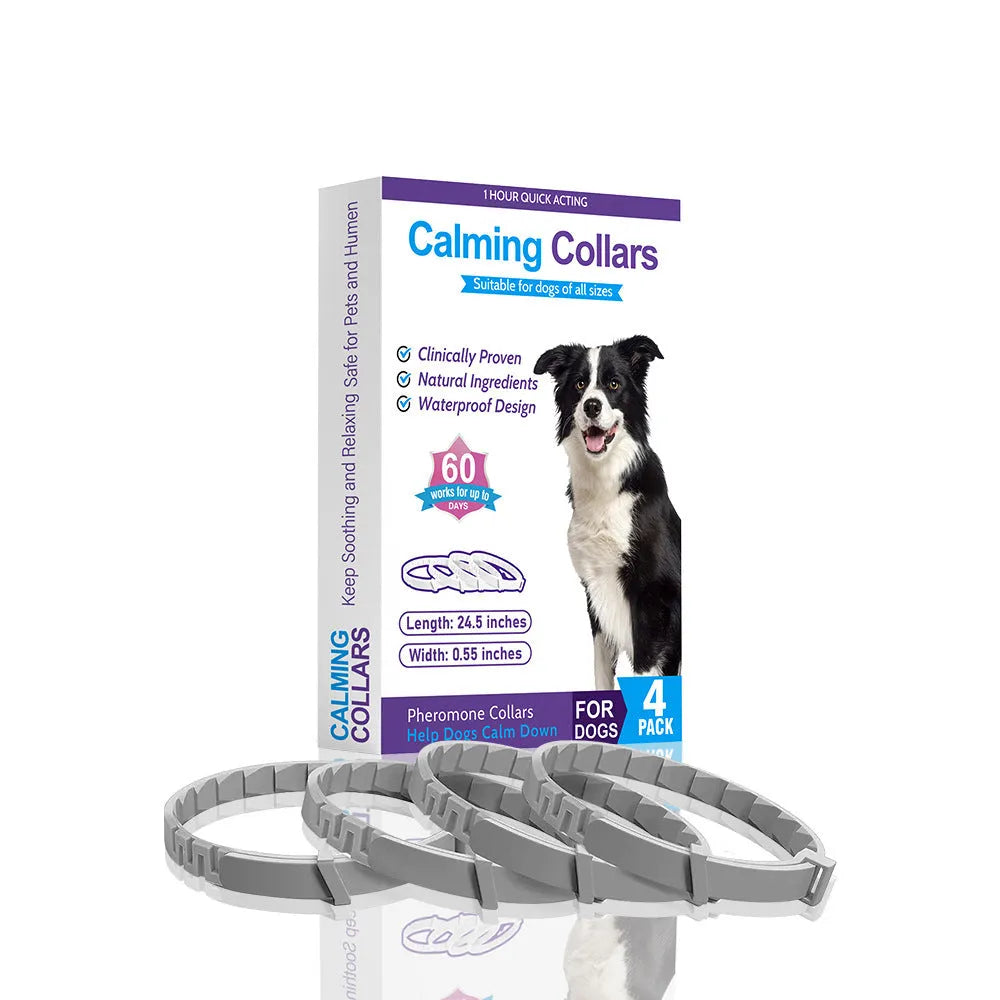 Pack of four monochrome patterned dog anxiety collars in assorted colours, made from TPR material.