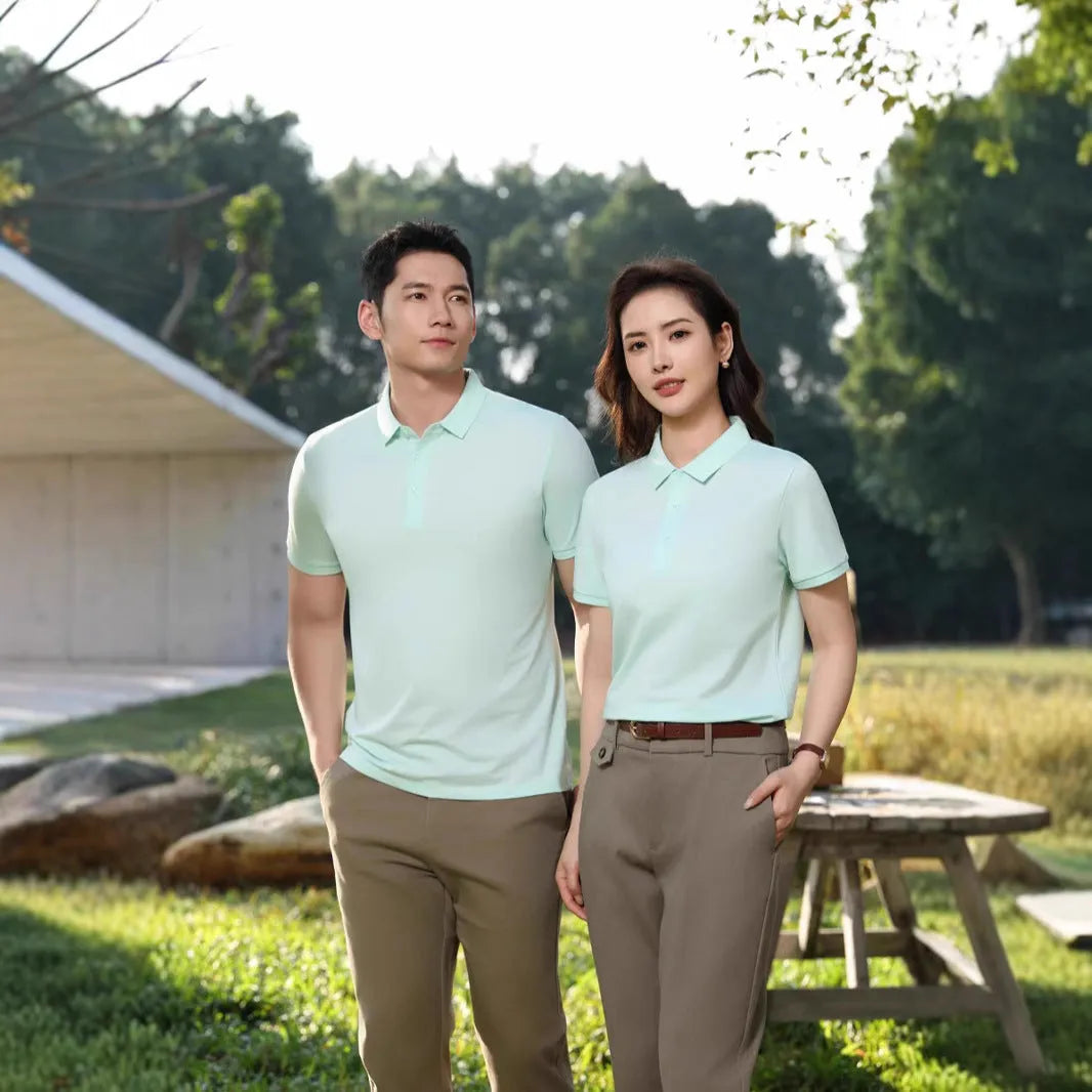 Men's solid colour cotton lapel polo shirt with short sleeves in slim fit
