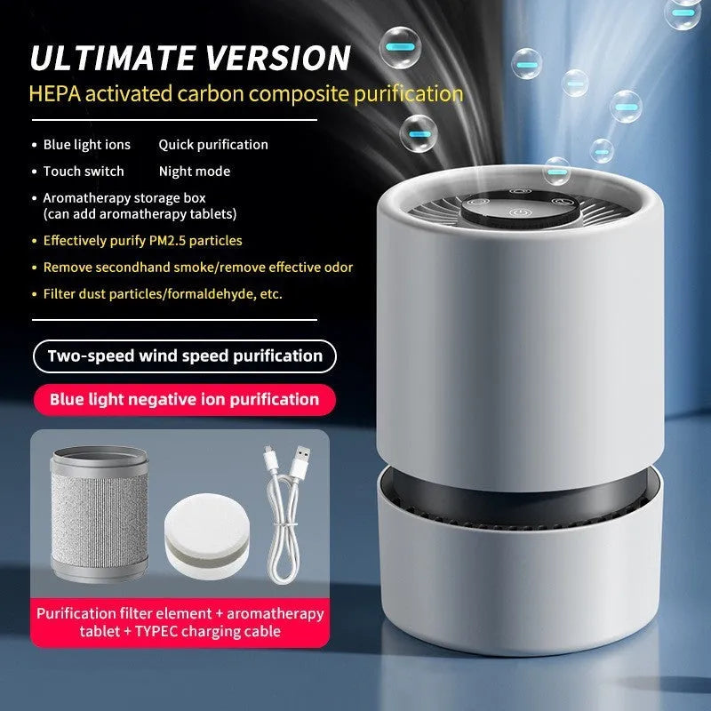 White desktop air purifier with USB cable for formaldehyde and odour removal in small rooms