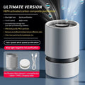 White desktop air purifier with USB cable for formaldehyde and odour removal in small rooms