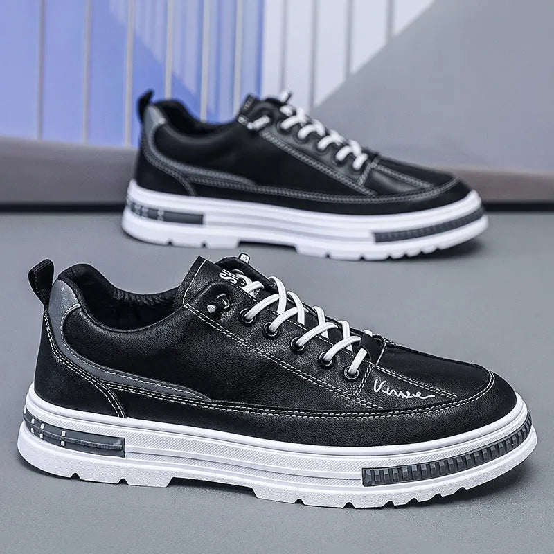 Men's white low-top platform sneakers with round toe and elastic band design on a plain background.