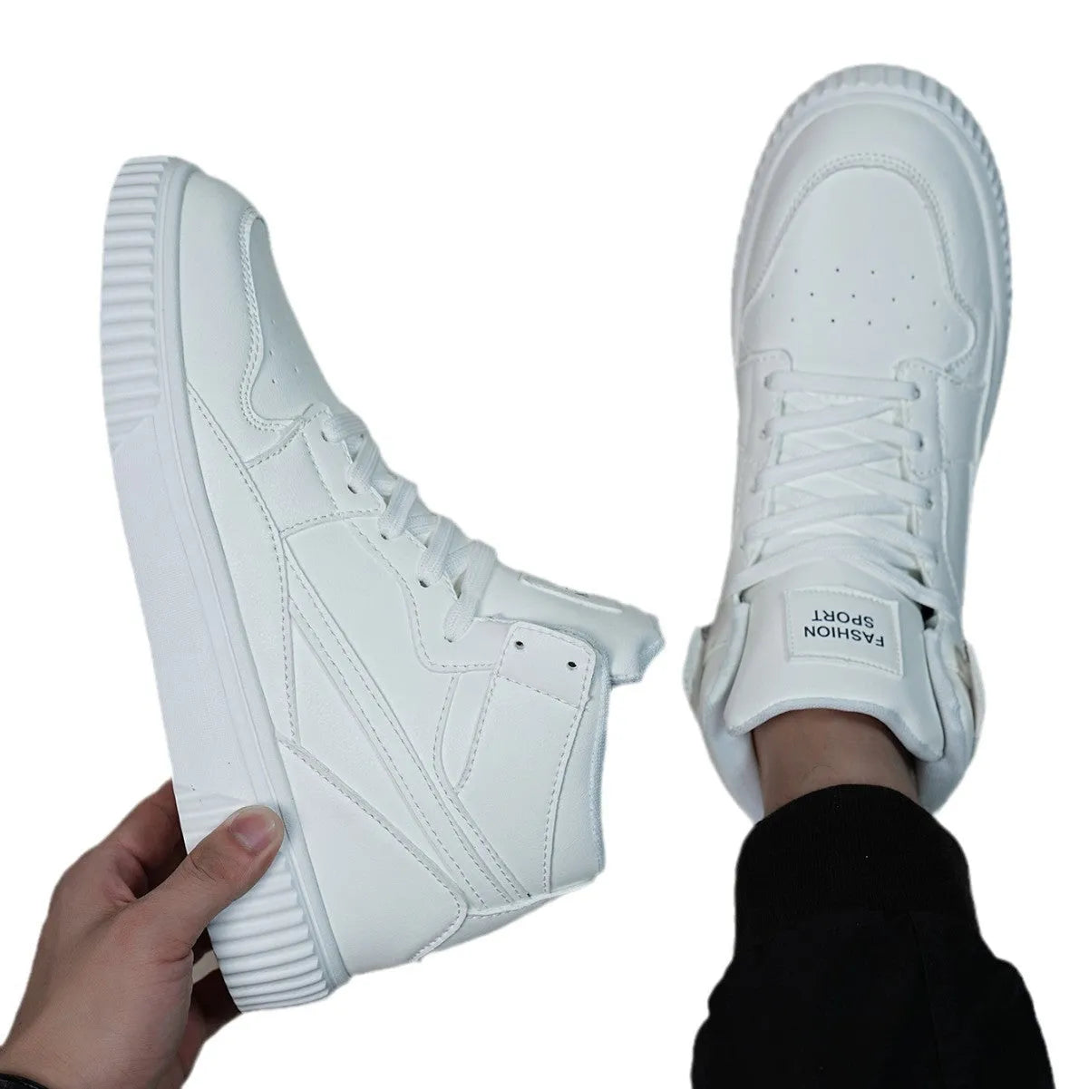 White men's casual shoes with a round toe and microfiber upper.