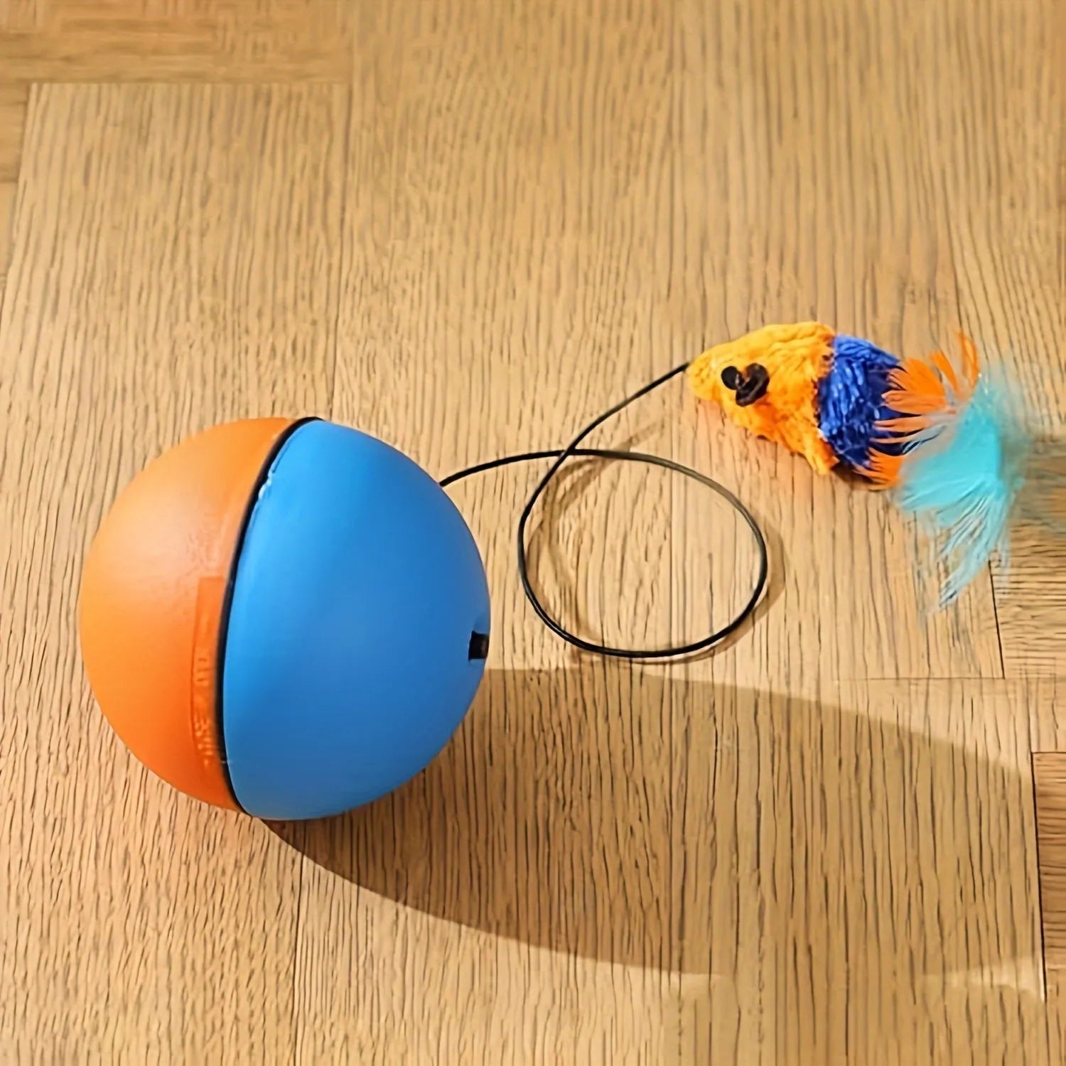 Blue and orange interactive cat toy plush mouse ball with catnip pocket for feline exercise