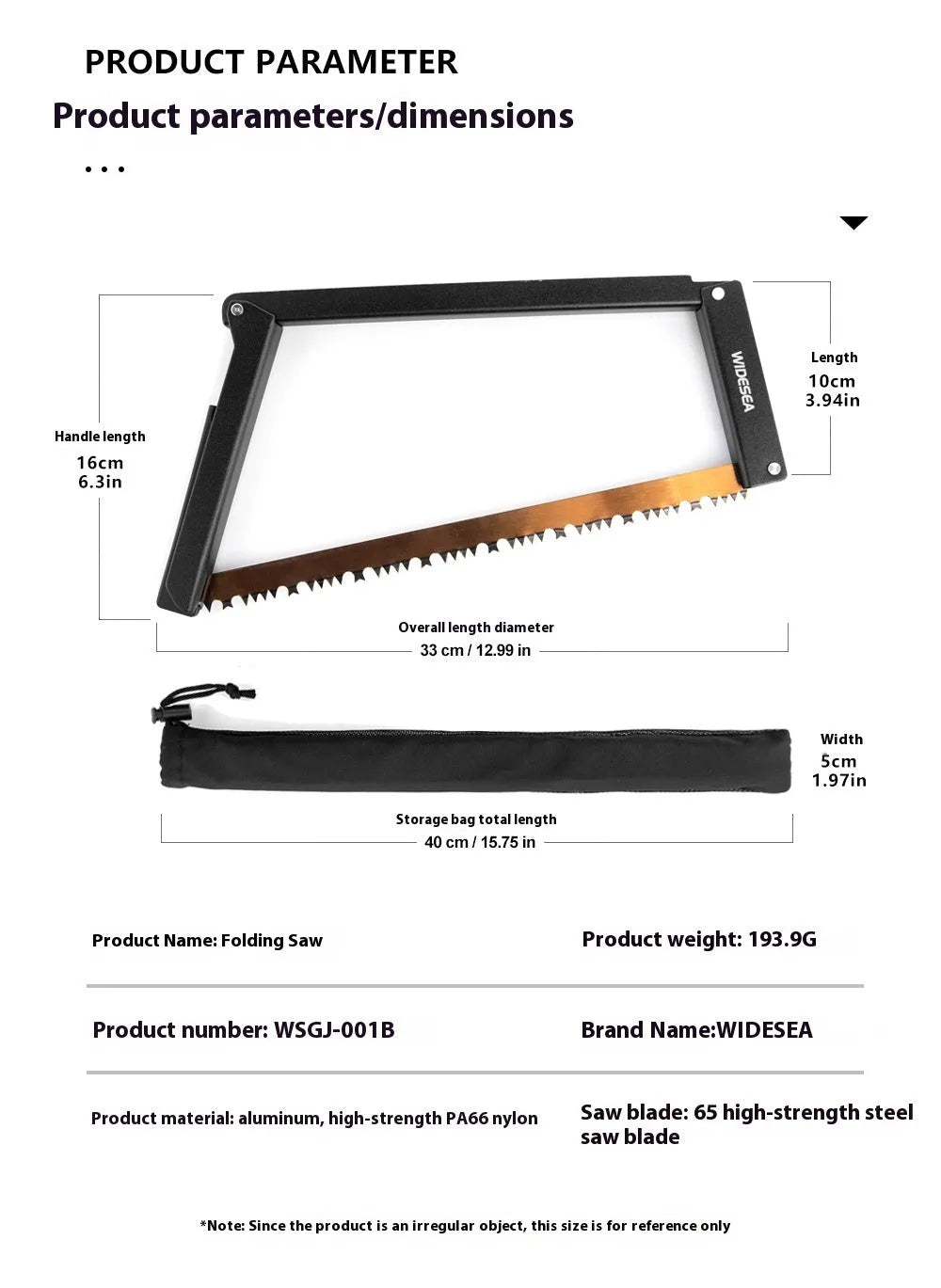 Black outdoor foldable survival saw with aluminium handle shown in open and closed positions.