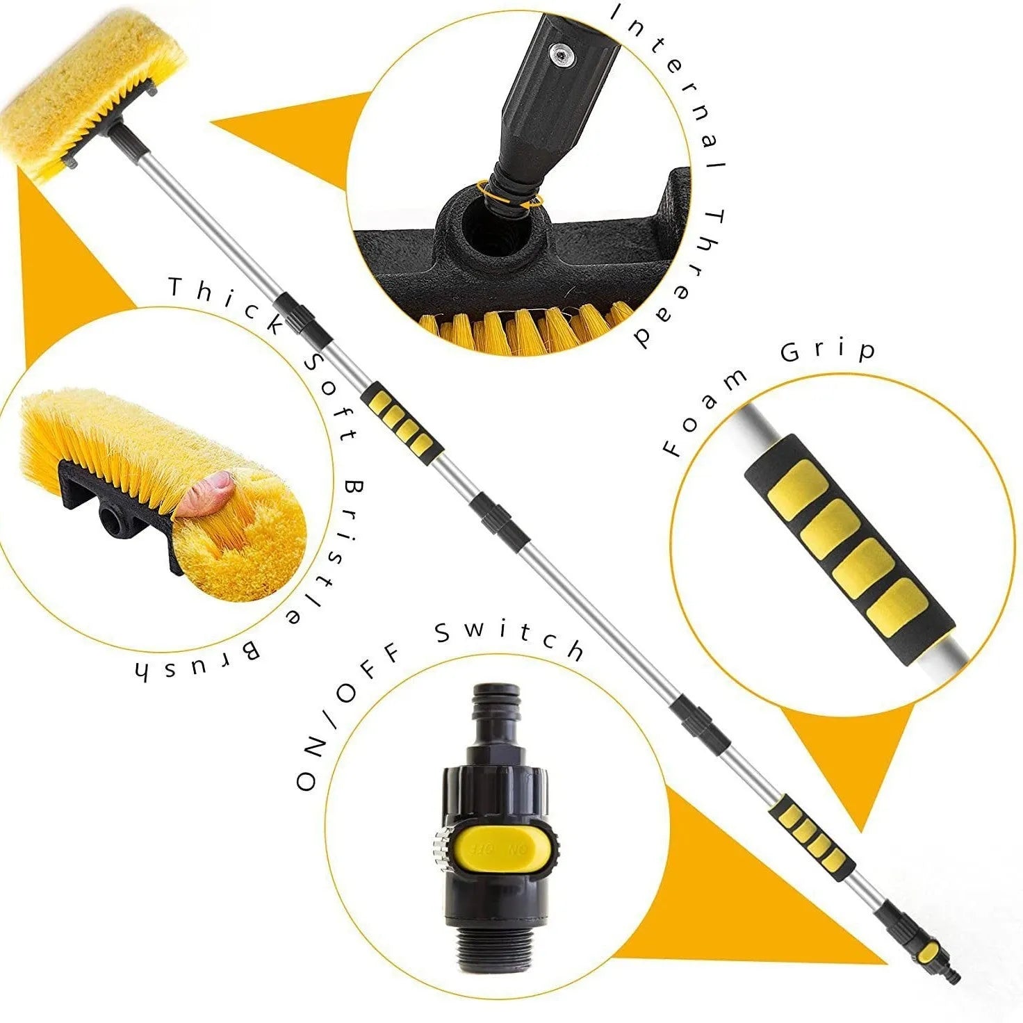 Yellow portable car wash brush with removable flow-through head and four-section adjustable rod