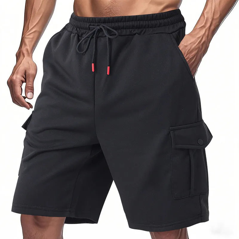 Heavy fabric cargo shorts with multiple pockets in loose sports style showing light grey colour option