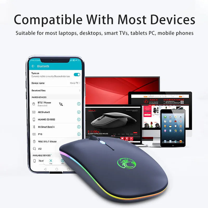 Black or white dual-mode wireless mouse with silent buttons and luminous charging indicator