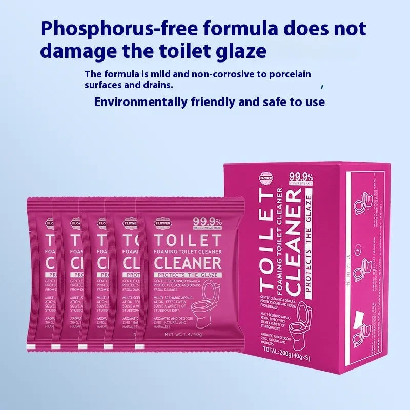 Toilet effervescent cleaning powder in blue ocean or pink floral fragrance, showing box of 5 bags and large refill bag.