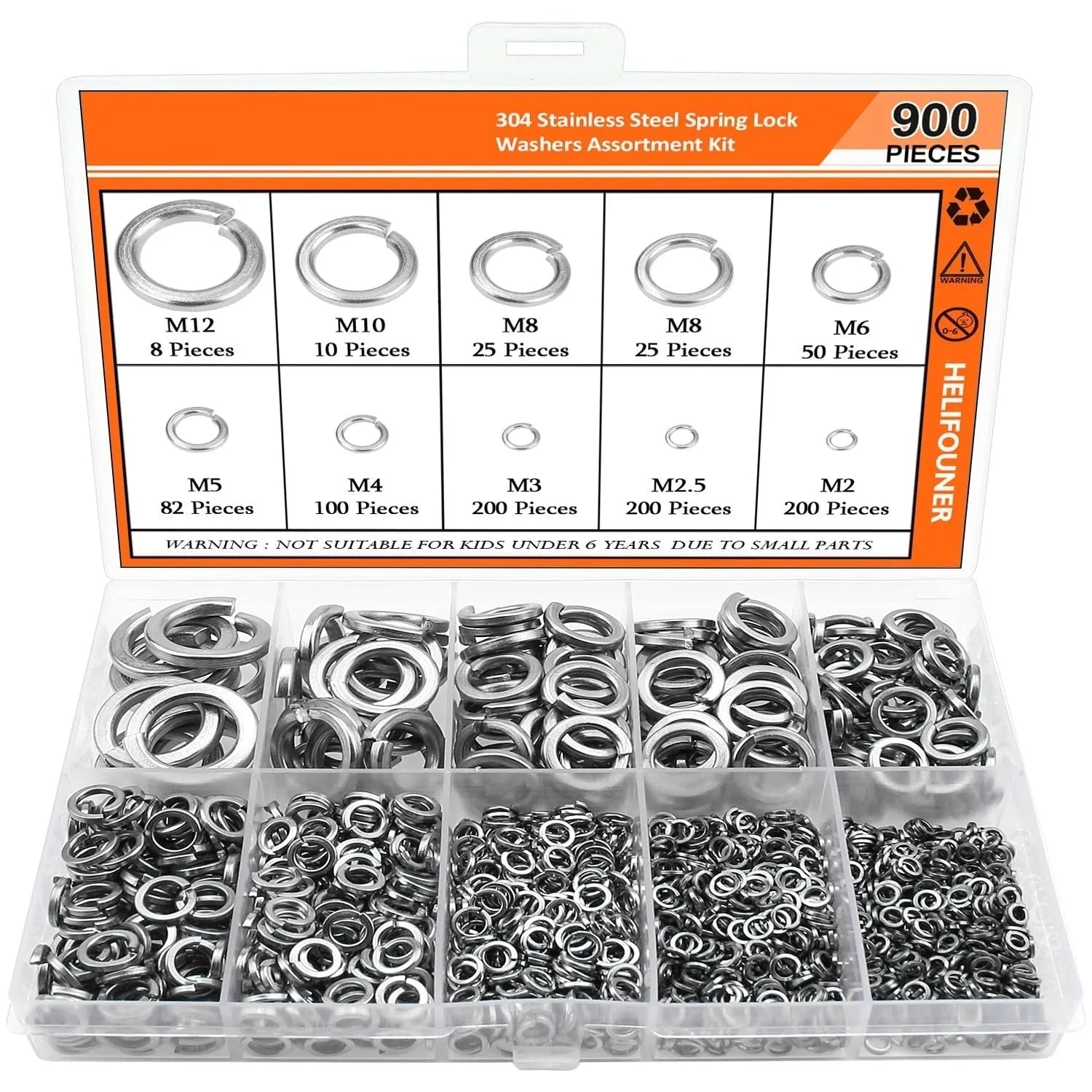 Open box showing assortment of small, silver 304 stainless steel spring and flat washers organised by size.