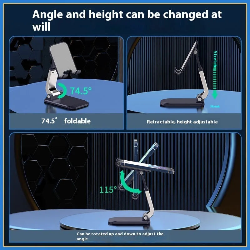 Folding portable desktop stand for mobile phones and tablets with weighted aluminium alloy base