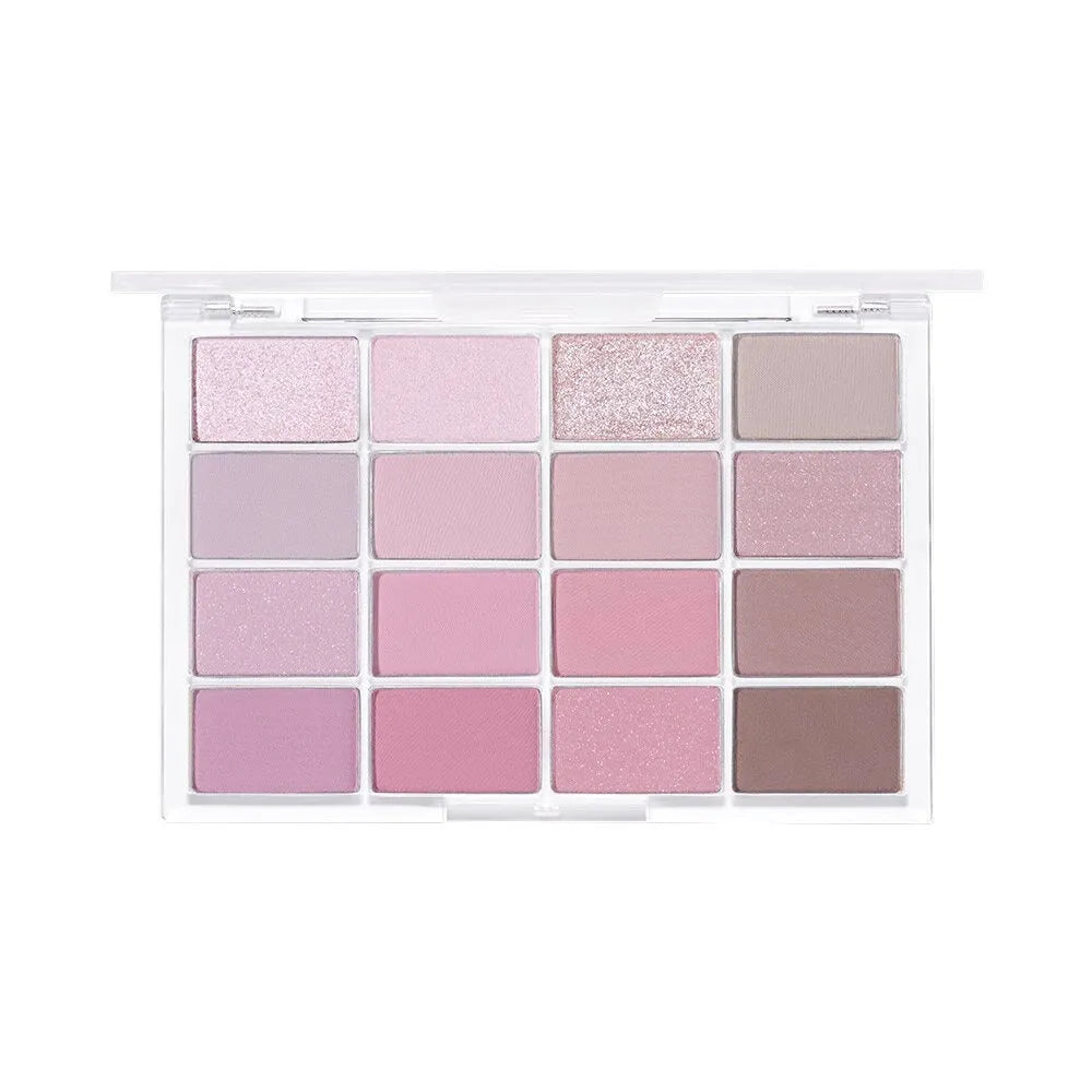 Eyeshadow palette showing 16 colours including shimmer and matte finishes, with shades like life fuzzy and cocoa fuzzy.