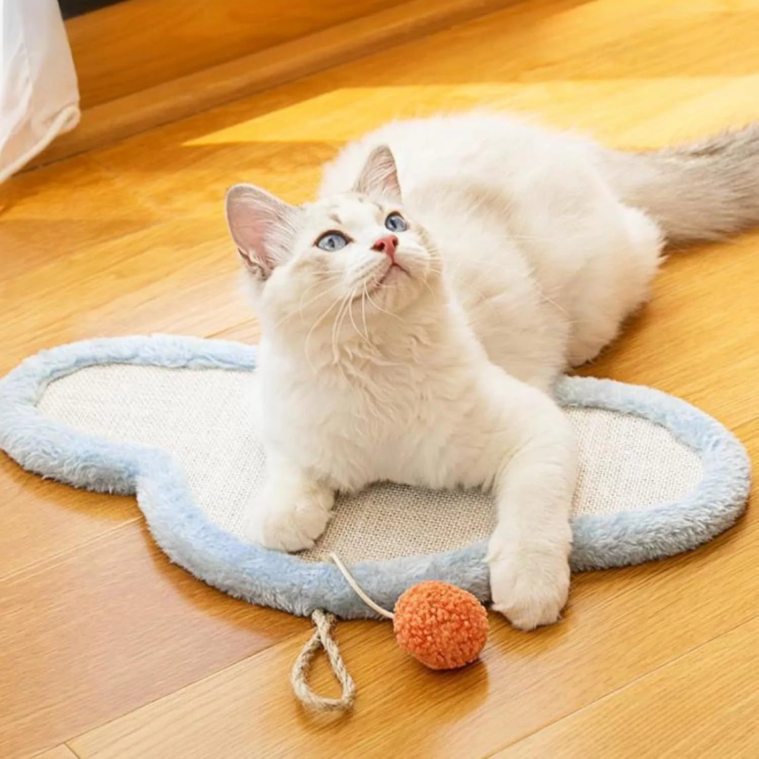 White cat scratching mat with sleeping cat pattern hanging on wall