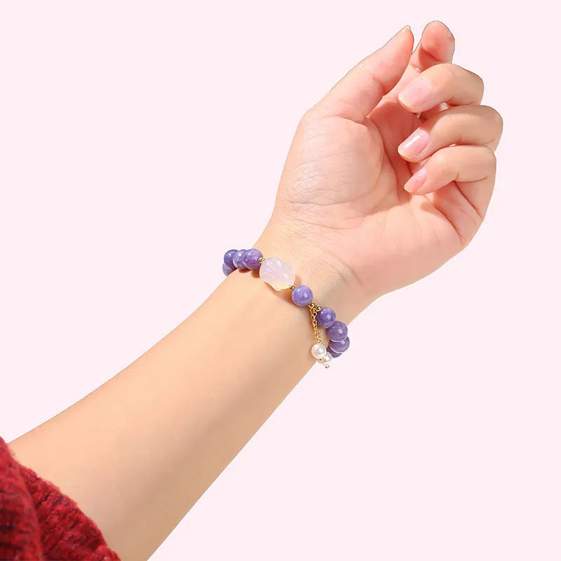 Purple aquamarine agate rabbit bracelet with 6mm, 8mm, 12x16mm geometric round beads