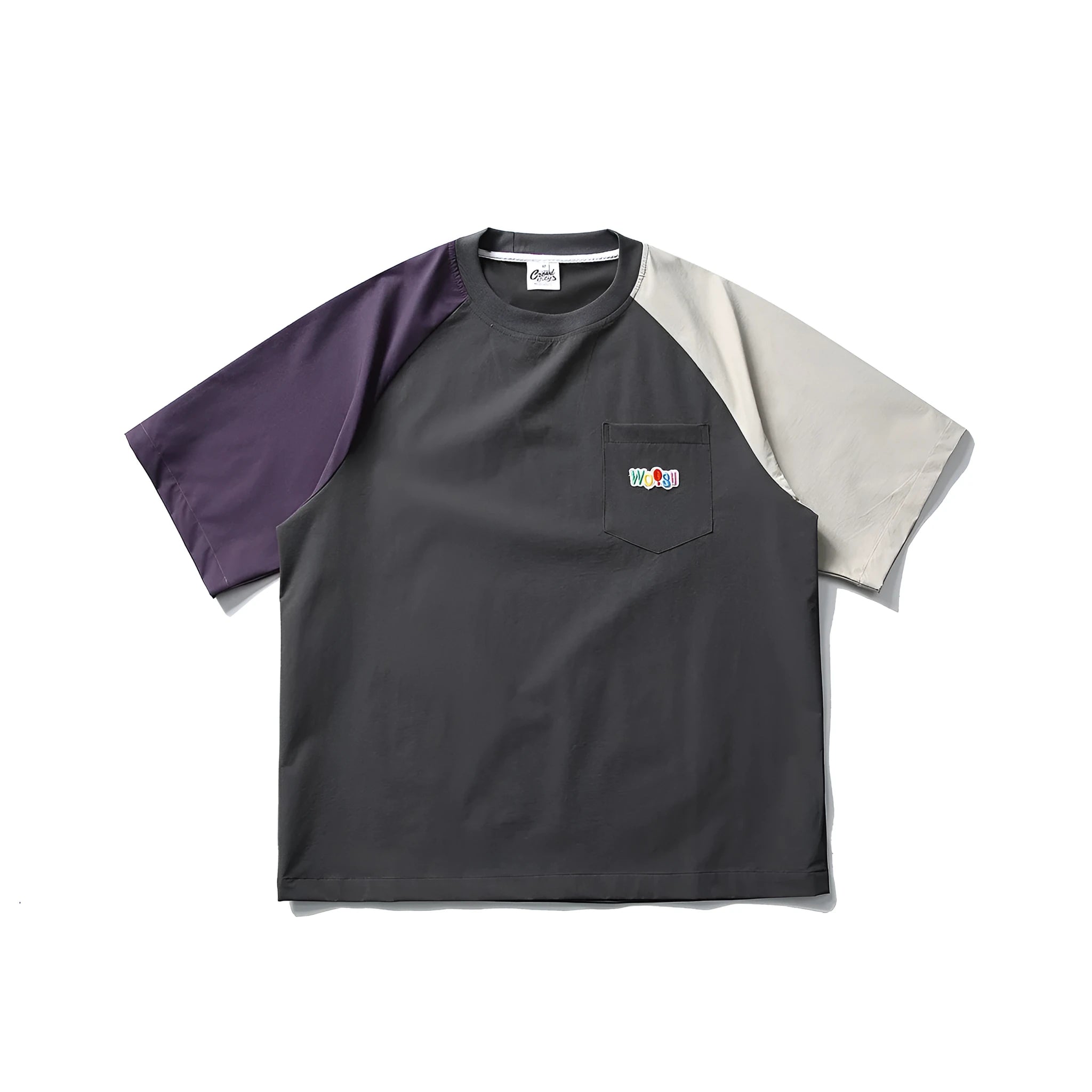 Dark grey men's loose fit t-shirt with contrasting raglan sleeves on a hanger.