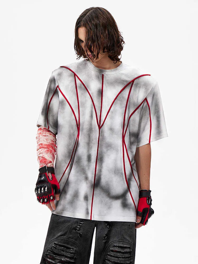 Women's padded shoulder short sleeve T-shirt with textured patchwork design on round neck top