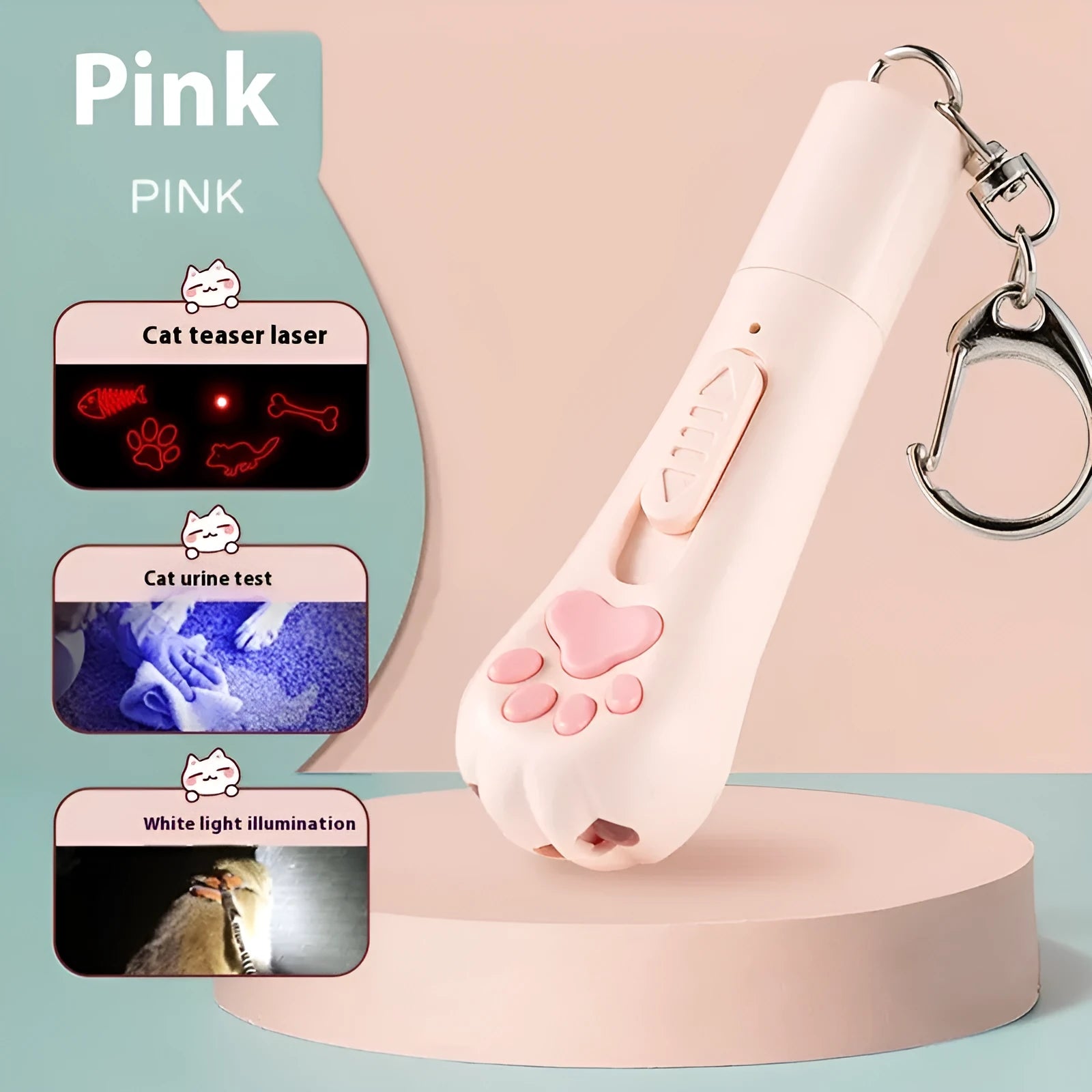 Pink plastic cat teaser pen with a light-up end for interactive play.