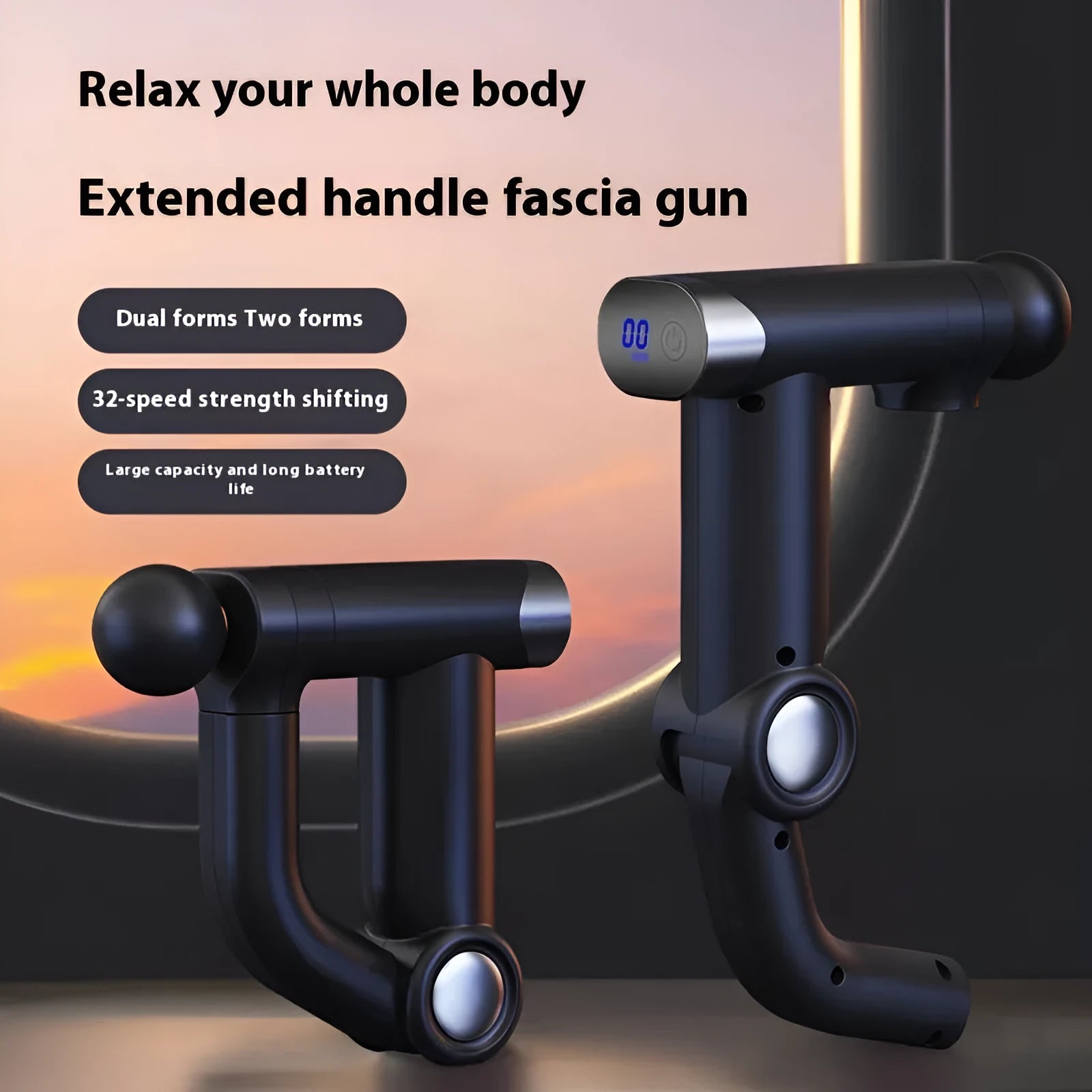 Long handle multi-form electric massage gun in black with LED screen and folding design