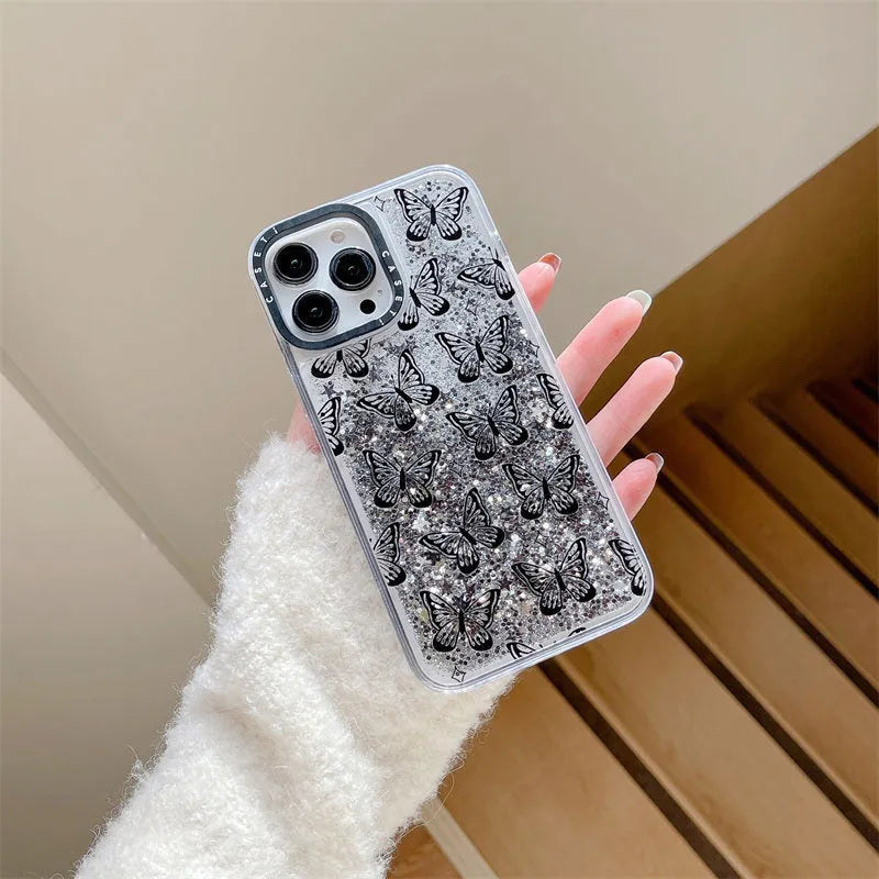 Transparent PC phone case with black butterfly creative cartoon design for iPhone