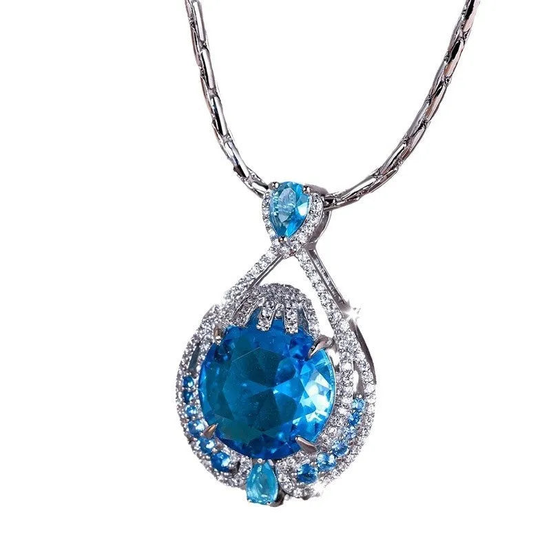 Blue crystal geometric pendant necklace with water wave chain for women