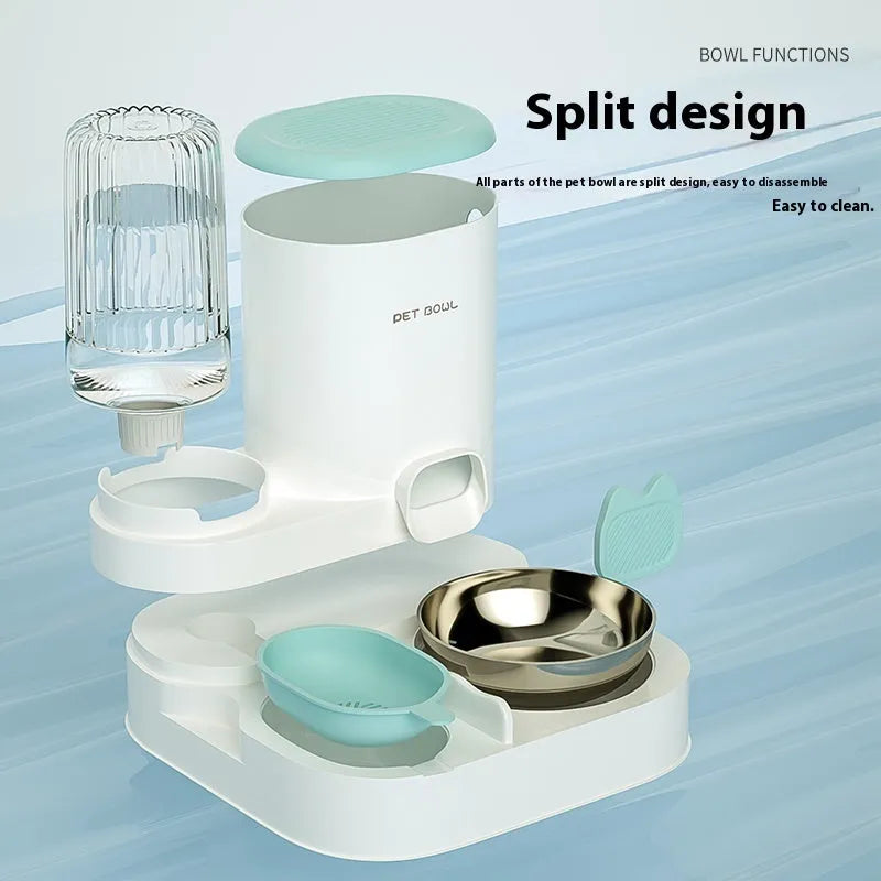 Automatic cat water fountain with integrated stainless steel double feeding bowl in avocado green colour