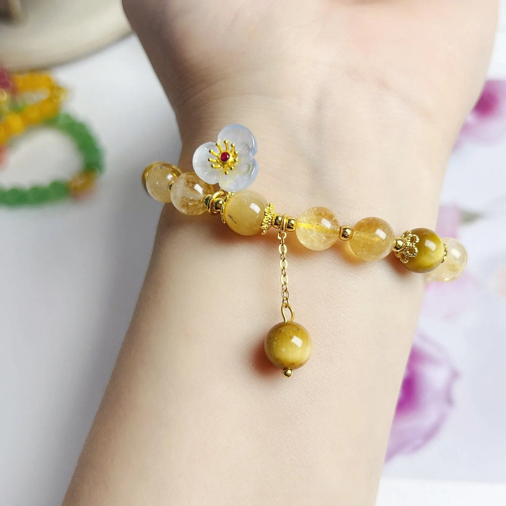 Yellow citrine crystal bracelet with flower tassel decoration for women