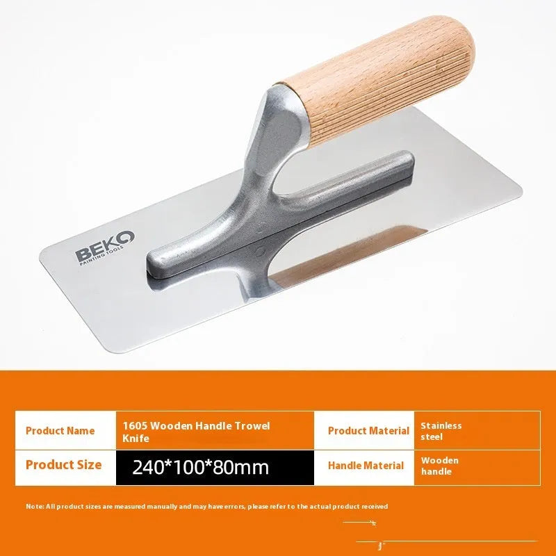 Stainless steel putty scraper with wooden handle for floor and wall surfaces