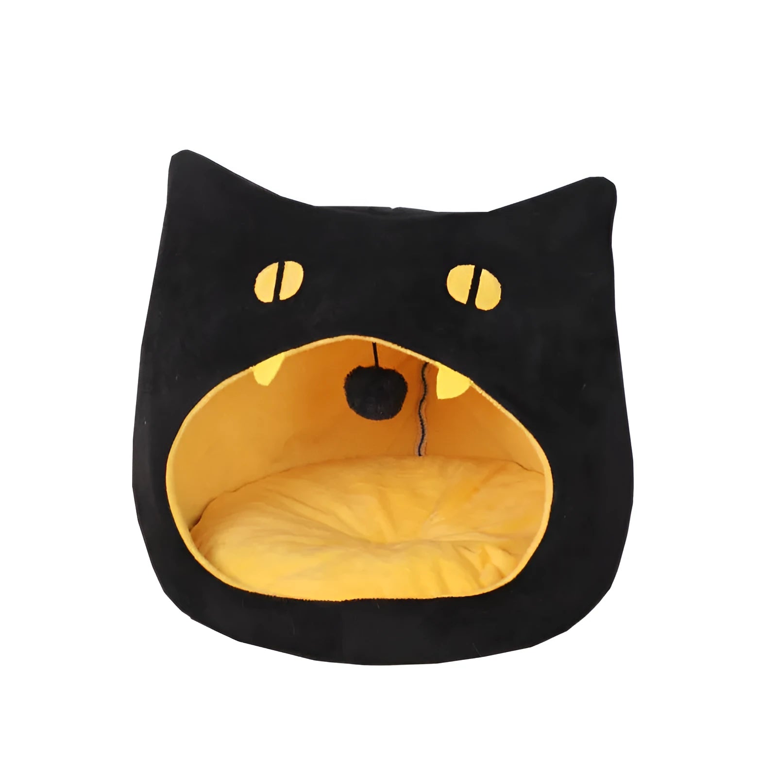 Enclosed cat-shaped pet bed with plush fabric and covered cave design