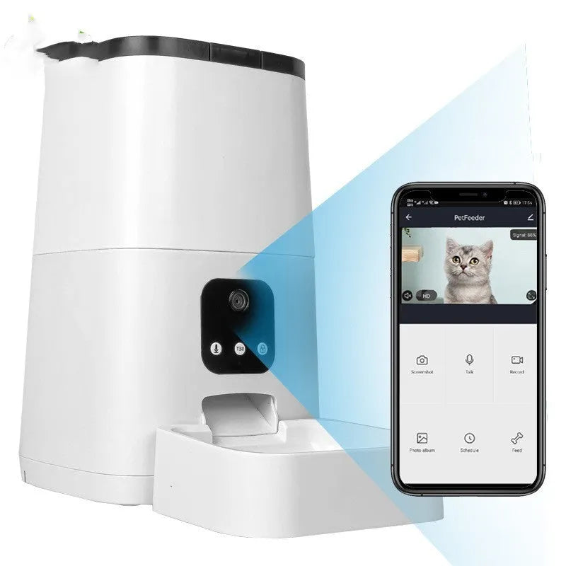White automatic pet feeder with 5L feed bucket, app-controlled timed feeding, detachable design for dogs and cats